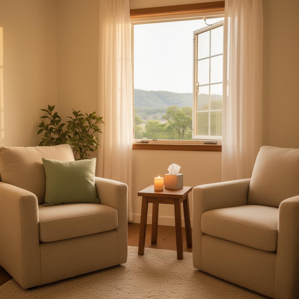 Warm, sunlit Austin counseling office with linen armchairs